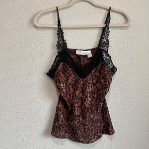 Y2K‎ Silkscreen 100% Silk Leopard Print Lace Trim Camisole Top Whimisgoth Boho